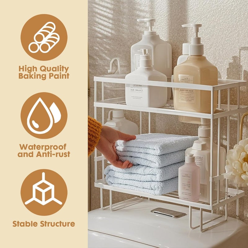 Power King Over The Toilet Storage Shelf, 2-Tier Bathroom Organizer Rack with 2 Hooks, No-Drill, Rust-Resistant Steel, Toilet Paper Holder for Restroom Bathroom, White - Image 4